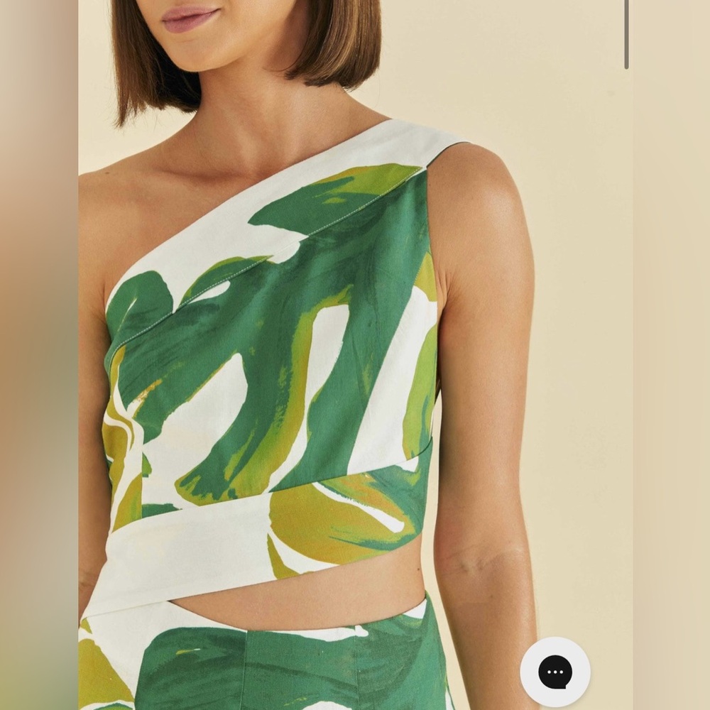 FARM Rio One-Shoulder Tropical Leaf Jumpsuit in Green and Cream - Picture 6 of 8